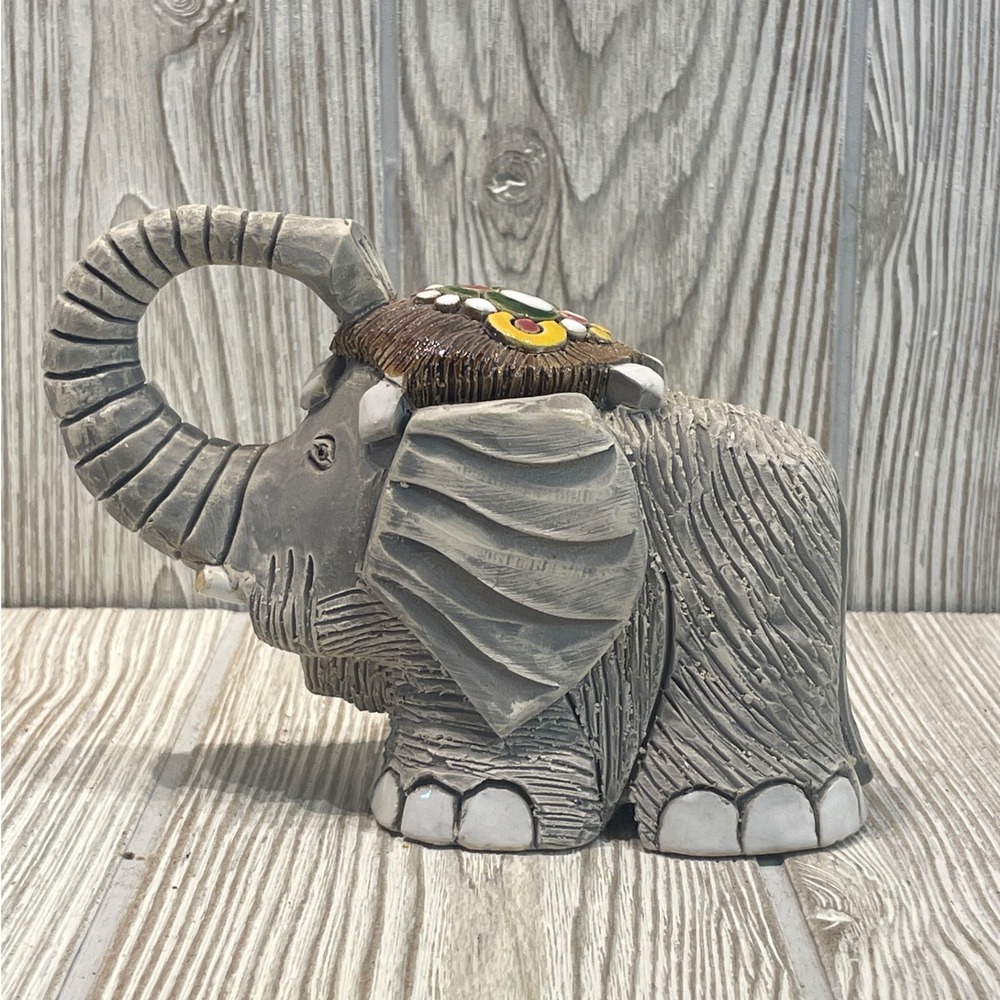 Artisan Signed Textured Ceramic Elephant Figurine with Enameled Saddle Grey